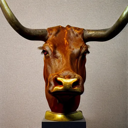 Image similar to professional color photograph of a patinated bronze portrait bust of a furious Texas longhorn steer supported by a bronze plinth, by Auguste Rodin, Jean-Leon Gerome