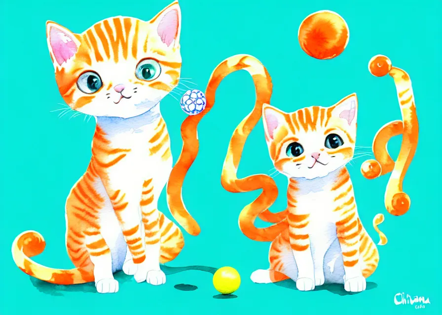 Prompt: cute and funny, orange tabby kitten playing with a ball of yarn, centered award winning watercolor pen illustration, isometric illustration by chihiro iwasaki, edited by range murata, tiny details by artgerm and watercolor girl, symmetrically isometrically centered