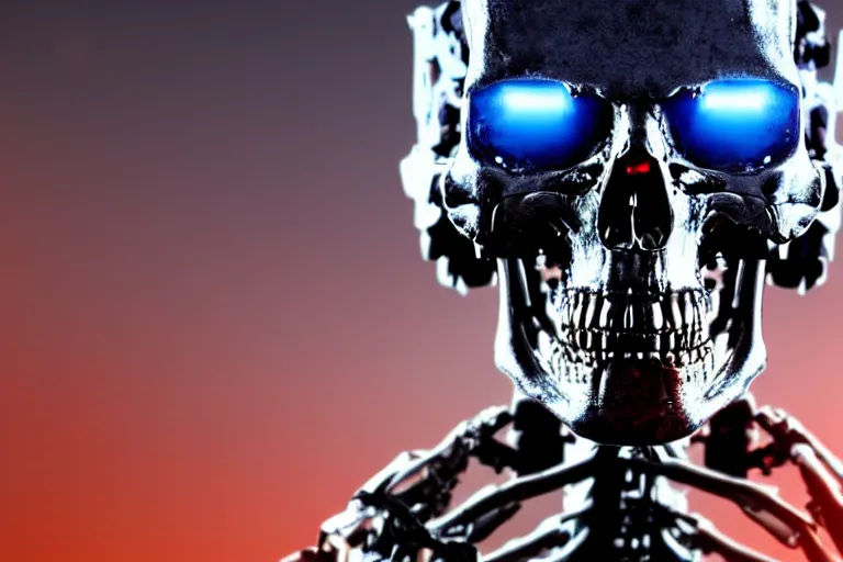 Image similar to terminator skeleton, computers on background. high detail, low saturated red and blue light, cinematic colors