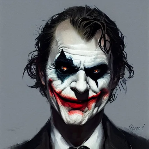 Prompt: joker, serious, paint by greg rutkowski