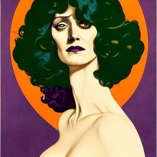 Image similar to Eva Green is Metamorpho, the Element Woman, Art by Coles Phillips and Joshua Middleton, Chalk white skin, deep purple hair, Green eyes, Orange background, Mucha, Portrait of the actress, Eva Green as Metamorpho, carbon black and antique gold