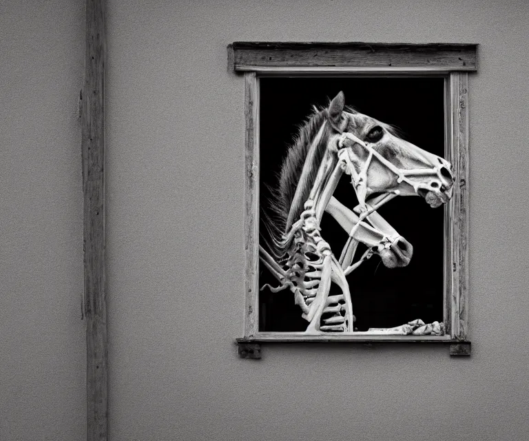 Image similar to award winning photography of the skeleton of a horse next to a window, detailed photography, beautiful lighting, 8 k, f / 2. 8, shutter speed of 2 seconds, 1 3 5 mm, extremely high quality, foggy