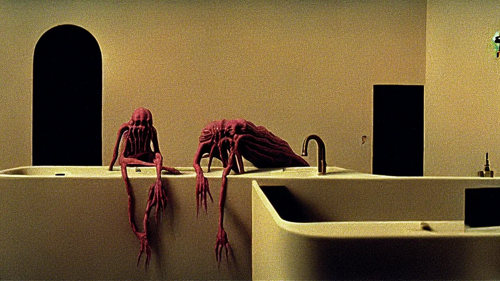 Prompt: the creature in the sink, they taunt look at me, film still from the movie directed by wes anderson and david cronenberg with art direction by salvador dali and zdzisław beksinski, wide lens