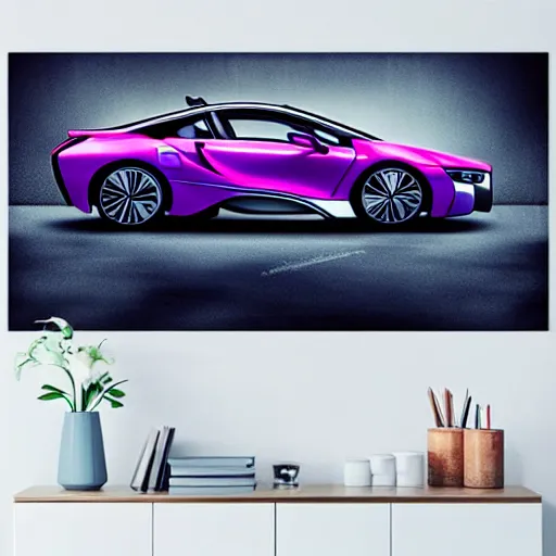 Image similar to a synthwave poster with bmw i 8