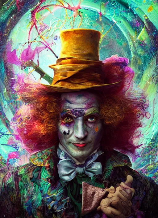 Image similar to mad hatter, solarpunk style, highly detailed, cinematic, 8 k, by megan duncanson, benjamin lacombe, adrian borda, stanley artgermm, tom bagshaw, craig mullins, carne griffiths, ayami kojima, beksinski, giger, trending on deviantart, hyper detailed, horror, full of colour