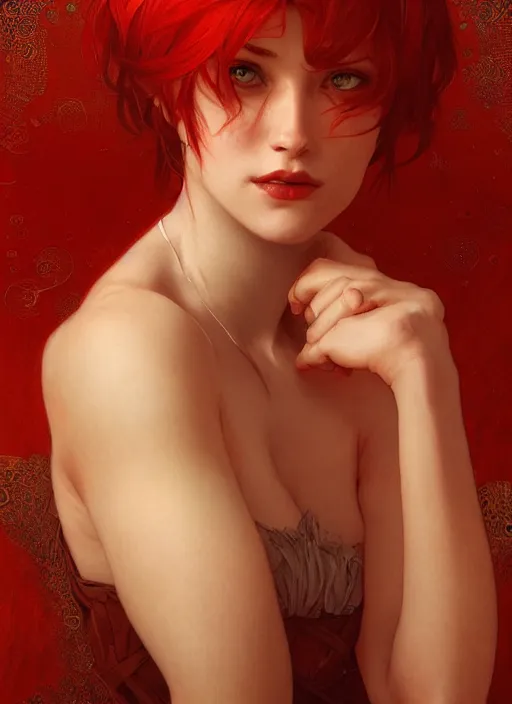 Image similar to Red short hair portrait of a man, fantasy, intricate, elegant, highly detailed, digital painting, artstation, concept art, smooth, sharp focus, illustration, art by artgerm and greg rutkowski and alphonse mucha