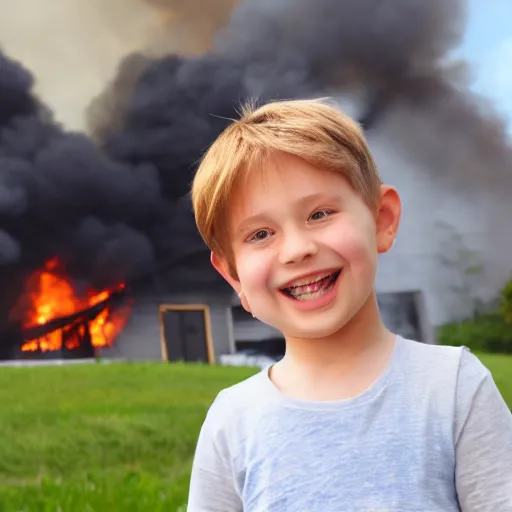 Prompt: a child smiling while an house is on fire in the background, 4k, High quality