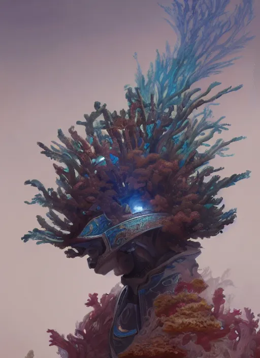 Image similar to Helmet of a forgotten Deity, corals, plume made of seaweed, glowing fish, extremly detailed digital painting, in the style of Fenghua Zhong and Ruan Jia and jeremy lipking and Peter Mohrbacher, mystical colors, rim light, beautiful lighting, 8k, stunning scene, raytracing, octane, trending on artstation