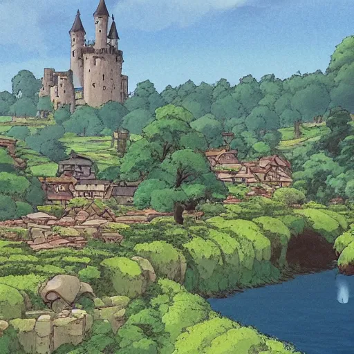 Prompt: beautiful valley with river, trees and a medieval castle in the distance, and a village far in the distance. Studio Ghibli