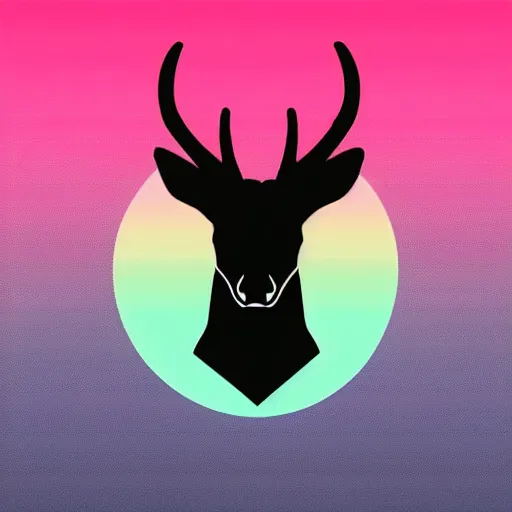 Image similar to logo for corporation that involves deer head, symmetrical, retro pink synthwave style, retro sci fi