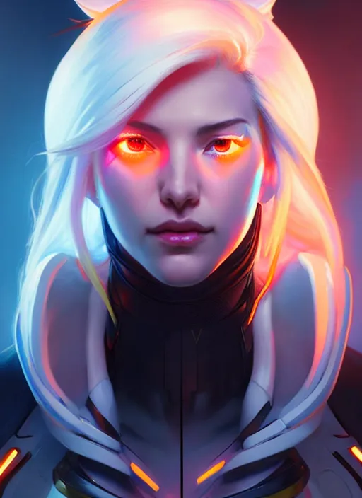 Image similar to symmetry portrait of mercy from overwatch as a male man, sci - fi, tech wear, glowing lights intricate, elegant, highly detailed, digital painting, artstation, concept art, smooth, sharp focus, illustration, art by artgerm and greg rutkowski and alphonse mucha