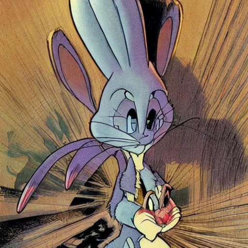 Image similar to Bugs Bunny. concept art by James Gurney and Mœbius.
