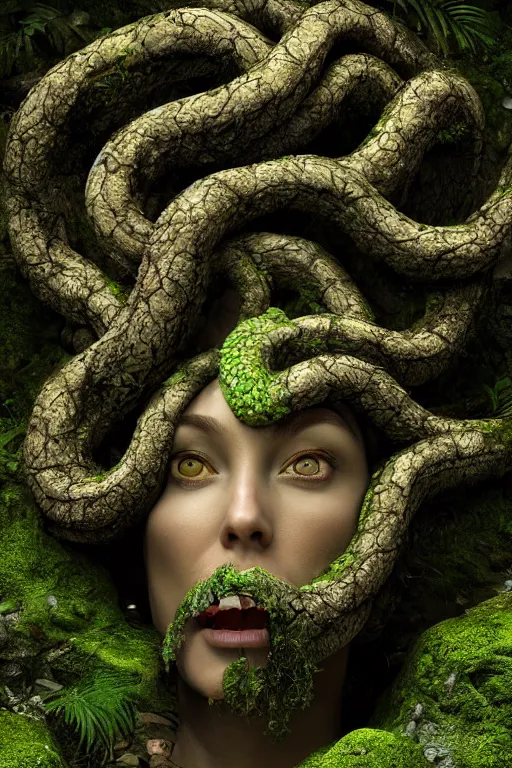 Image similar to giant medusa head of stone, mossy stone, deep jungle, octane render, unreal engine, trending on artstation, ultra detailed, realistic, cinematic lighting, astmopheric, 8 k