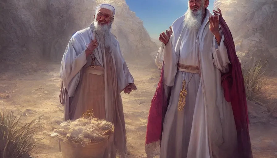 Prompt: beautiful oil painting with high detail of a gorgeous and elderly orthodox patriarch in the desert by artgerm and greg rutkowski and thomas kinkade