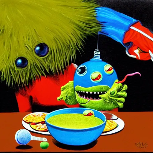 Image similar to a tennis ball monsters eating breakfast, colorful, digital art, fantasy, magic, chalk, trending on artstation, ultra detailed, professional illustration by basil gogos