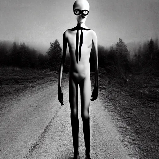Prompt: : stereopticon photo of slenderman black and white photo