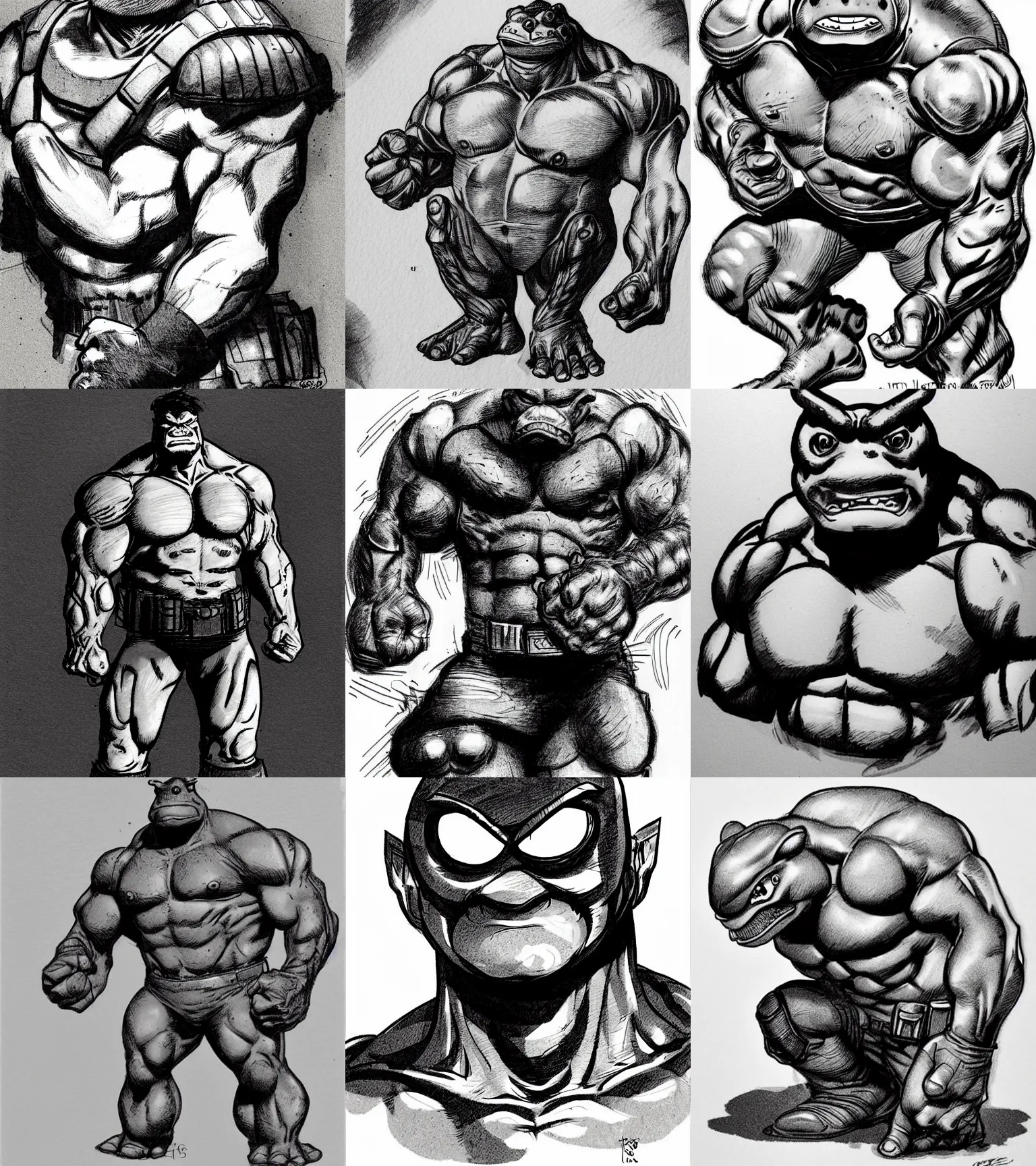 Prompt: toad animal!!! jim lee!!! medium shot!! flat grayscale ink sketch by jim lee close up in the style of jim lee, depressed dramatic bicep pose, swat soldier chest rugged armor military hulk toad animal looks at the camera by jim lee