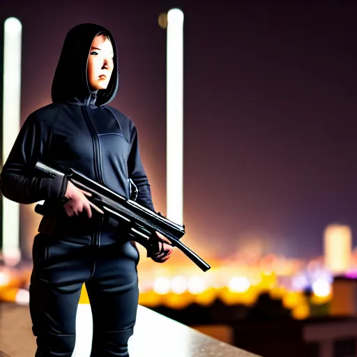 Prompt: photographic portrait of a techwear woman holding a shotgun, closeup, on the rooftop of a futuristic city at night, sigma 85mm f/1.4, 4k, depth of field, high resolution, full color, Kill Bill, John Wick, Die Hard, movies with guns, movie firearms