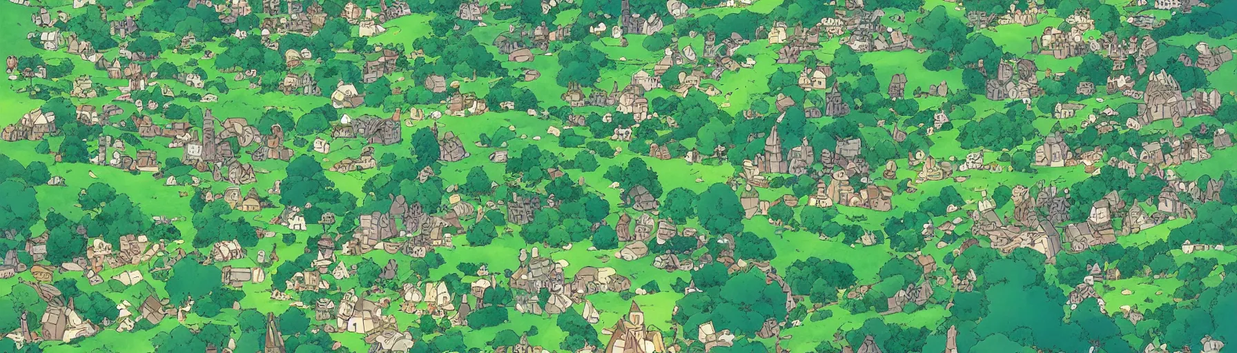 Image similar to vertical panorama of the shire in the style of studio ghibli