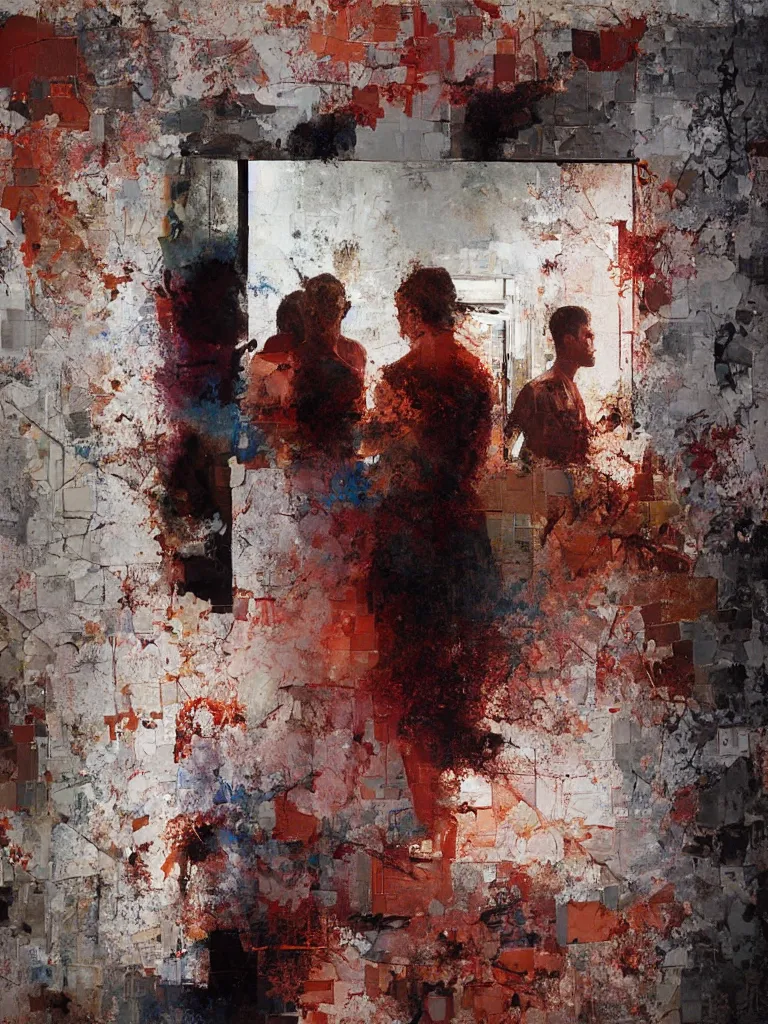 Image similar to a beautiful painting by alex kanevsky and christian hook of a couple in front of a mirror in a glitched bathroom, metal rust and plaster materials, pixel sorting, color bleeding, brushstrokes by jeremy mann