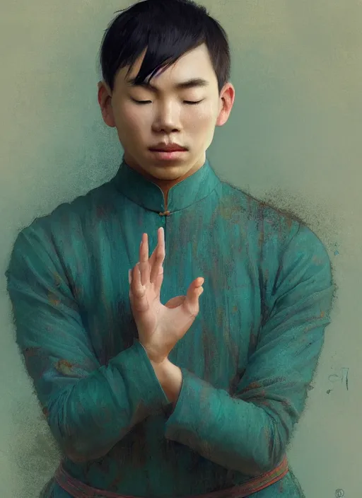 Prompt: boy asian, meditating in lotus position, full body, frontal, teal uniform, intricate, elegant, highly detailed, artstation, sharp focus, illustration, ruan jia, mandy jurgens, rutkowski, mucha