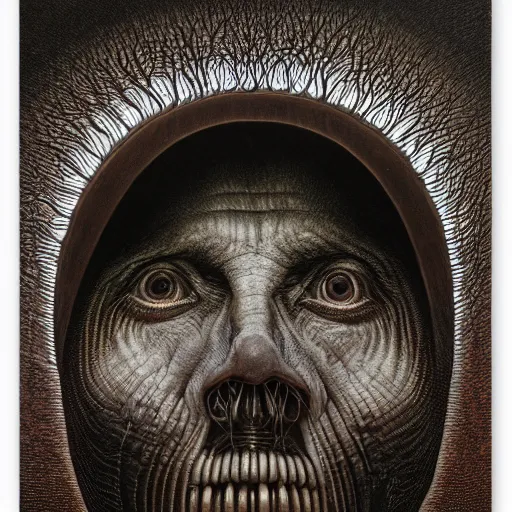 Image similar to her eyes wide by zdzisław beksiński, jeffrey smith and h.r. giger, oil on canvas, XF IQ4, f/1.4, ISO 200, 1/160s, 8K, RAW, unedited, symmetrical balance, in-frame