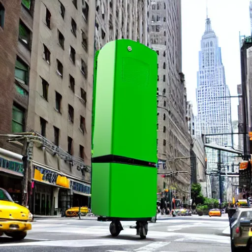 Prompt: green refrigerator flying, floating, hovering above new york city