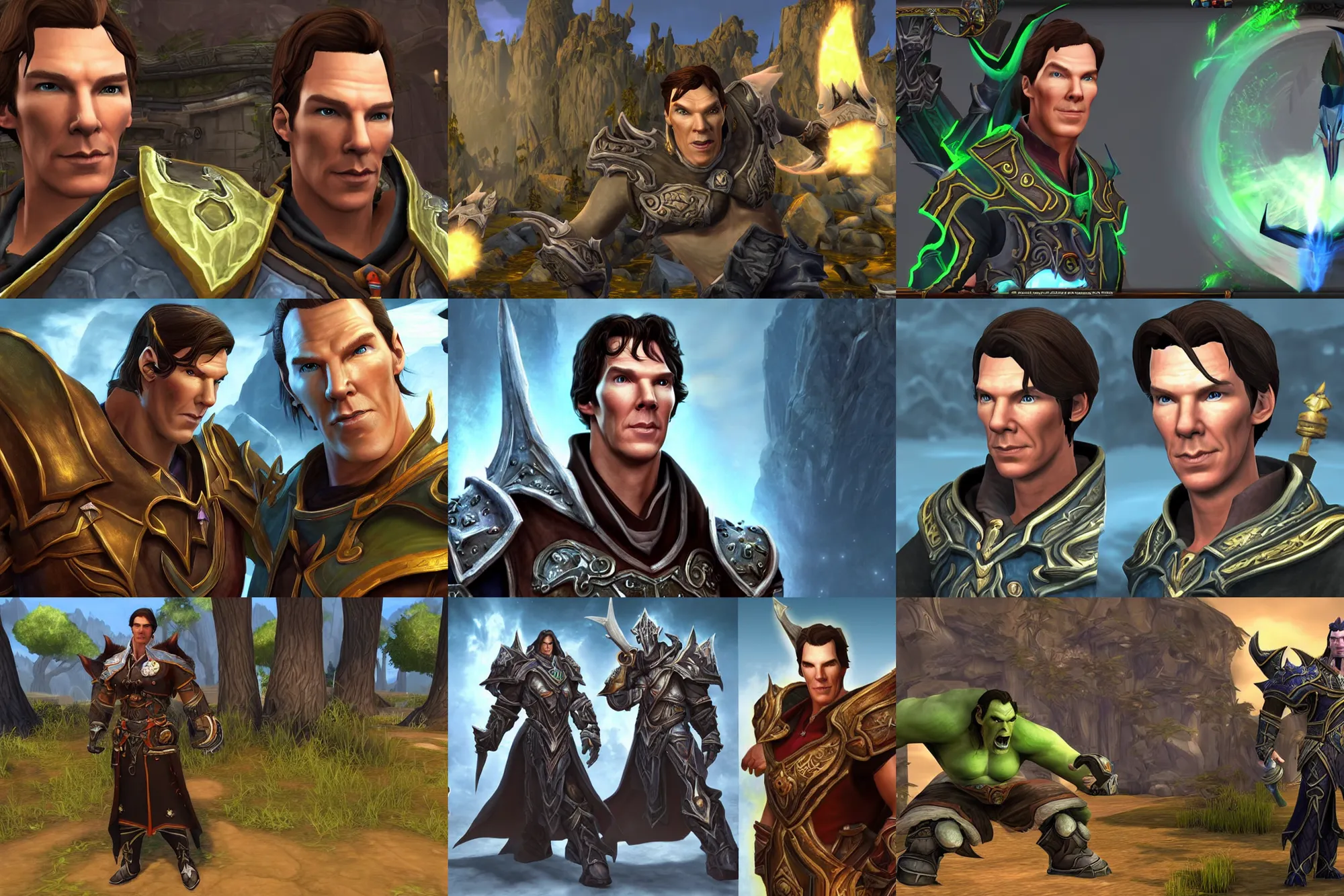 Prompt: a screenshot of benedict cumberbatch in the video game world of warcraft. 3 d rendering. unreal engine. amazing likeness. very detailed. cartoon caricature.