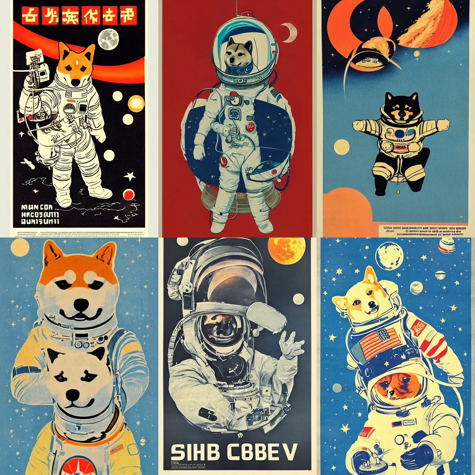 Image similar to Shiba Inu cosmonaut portrait, moon mission, 60s poster, 1968 Soviet Japanese