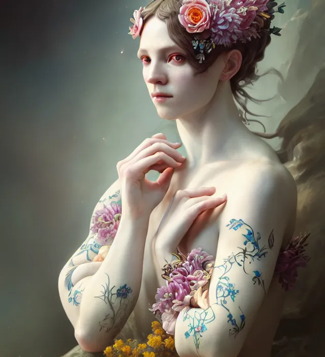 Image similar to baroque portrait of a icelandic princess of porceline skin, full body floral tattoos, cinematic lighting, photorealistic, octane render, 8 k, depth of field, art by artgerm and greg rutkowski and alphonse mucha and uang guangjian