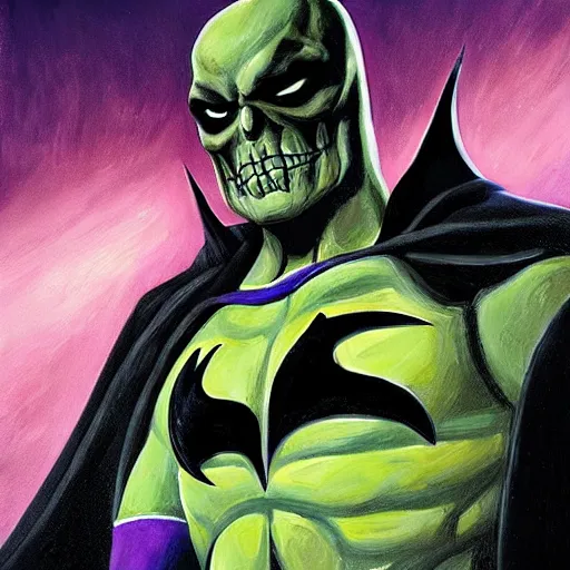 Image similar to portrait painting of skeletor as batman, dnd beyond avatar portraits, beautiful, artistic, elegant, lens flare, magical, nature, realism, stylized, art by jeff easley and genndy tartakovsky