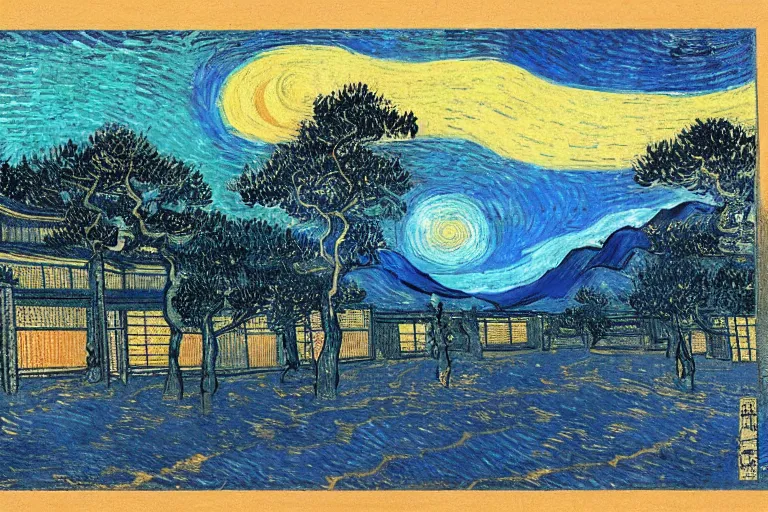 Image similar to japanese scenery in edo period, by vincent van gogh, high saturation, blue color scheme