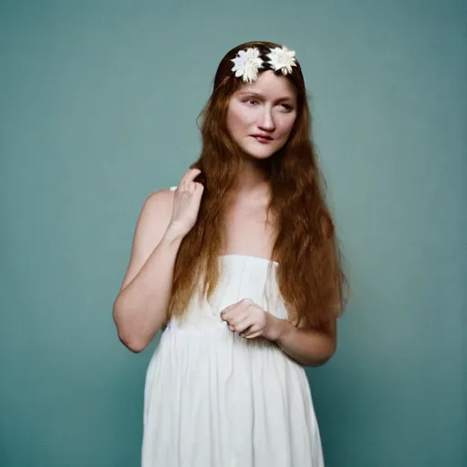 Image similar to a photograph of beautiful nordic woman wearing a white folkdrakt dress, she has a summer flower headband. against a teal studio backdrop. strong kodak portra 4 0 0 film look. film grain.