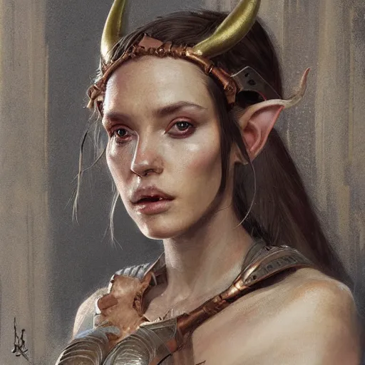 Image similar to A head-on, symmetrical detailed oil portrait of an elf woman with small horns of copper wearing a simple white robe, by greg rutkowski, trending on artstation, dungeon and dragons art