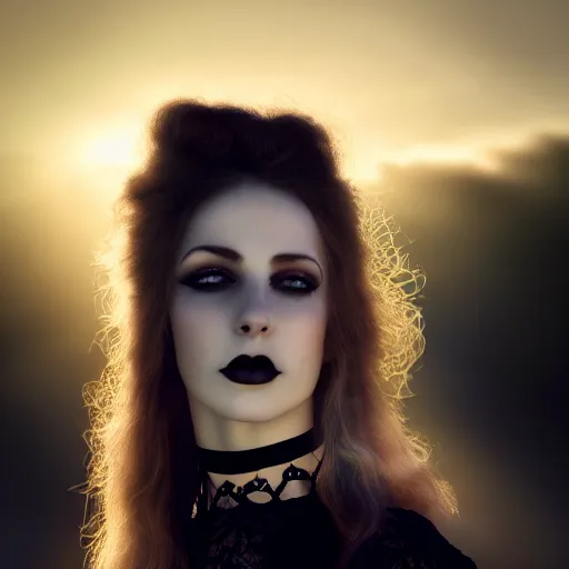 Prompt: photographic portrait of a stunningly beautiful gothic female with black lace choker in soft dreamy light at sunset, god rays, contemporary fashion shoot, by edward robert hughes, annie leibovitz and steve mccurry, david lazar, jimmy nelsson, breathtaking, 8 k resolution, extremely detailed, beautiful, establishing shot, artistic, hyperrealistic, beautiful face, octane render