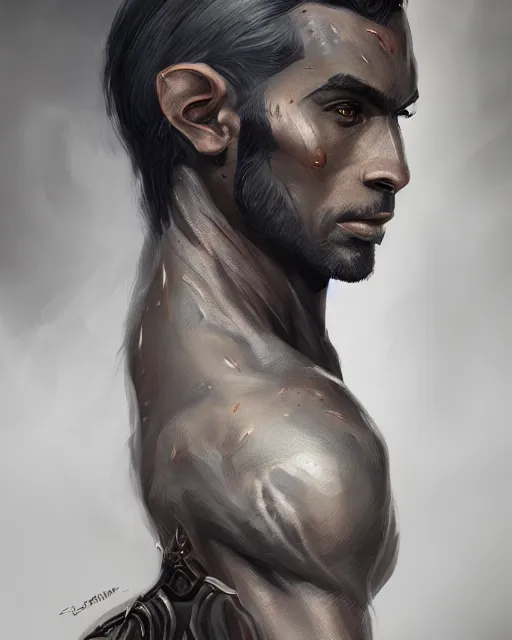 Image similar to portrait of a handsome male dark elf, obsidian skin, fantasy, intricate, elegant, highly detailed, digital painting, artstation, concept art, sharp focus, illustration