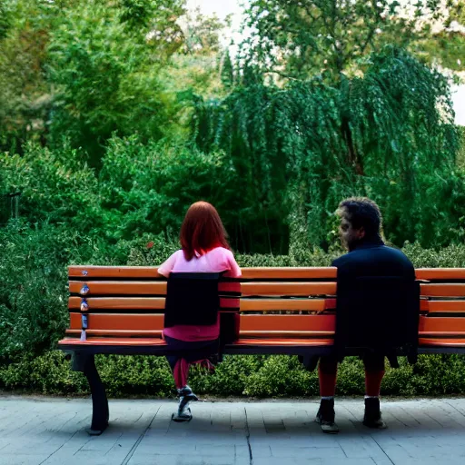 Prompt: a couple sitting on a park bench, neon lights