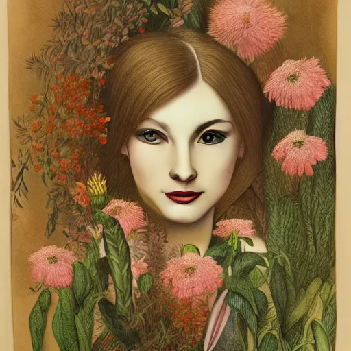 Image similar to a beautiful detailed portrait of a woman with plants and flowers growing