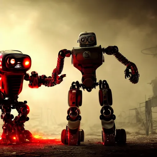 Image similar to post - apocalyptic, a very strong terminator robot with red enerygies, is shaking hands with a small alien creature that has multiple eyes. smoke. volumetric lighting, sharp focus, ultra detailed, cgsociety