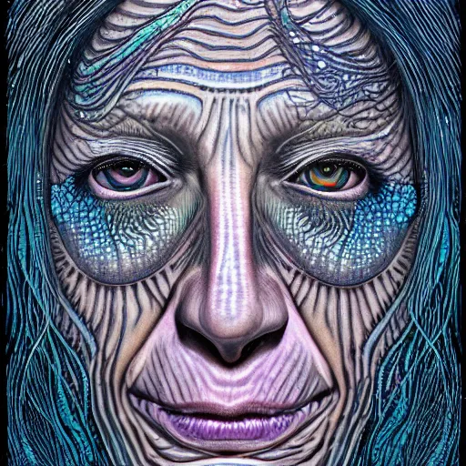 Prompt: dark underwater portrait of one Bioluminescent old woman, with cracked reaction diffusion semi-transparent skin. multicolored fish scales, face closeup. long dark hair. realistic. with many jellyfishes. intricate, very detailed, illustration, by alex grey and Moebius