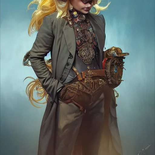 Image similar to rip taylor, portrait, western, steampunk, flamboyant duster, fantasy, intricate, elegant, highly detailed, digital painting, artstation, concept art, sharp focus, illustration, art by artgerm and greg rutkowski and alphonse mucha