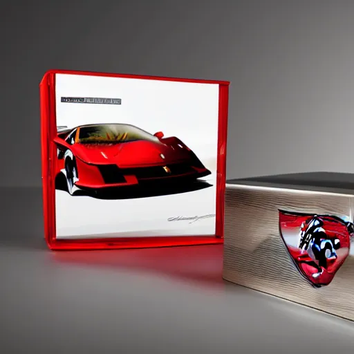 Image similar to realistic photographie lamborgini luxury mix with ferrari inside a plastique collector box