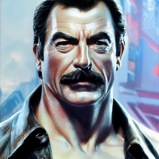 Image similar to ultra realistic head and shoulders portrait painting of tom selleck as johnny silverhand in cyberpunk 2 0 7 7, art by frank frazetta, 4 k, ultra realistic, highly detailed, epic lighting