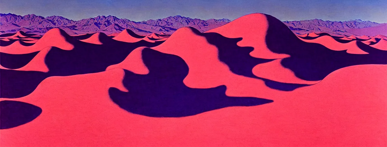 Image similar to a gorgeous desert painting of death valley by barlowe wayne maxfield parrish and marco mazzoni. tree no leaf!!!! china mountain village!! blue and very little light verdancy. the protruding pink clumps of rock. ultra clear detailed. 3 d, octane render. turbulent blood lake.