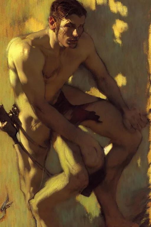 Image similar to fallout, attractive male, cool tint, painting by, gaston bussiere, craig mullins, j. c. leyendecker, edgar degas