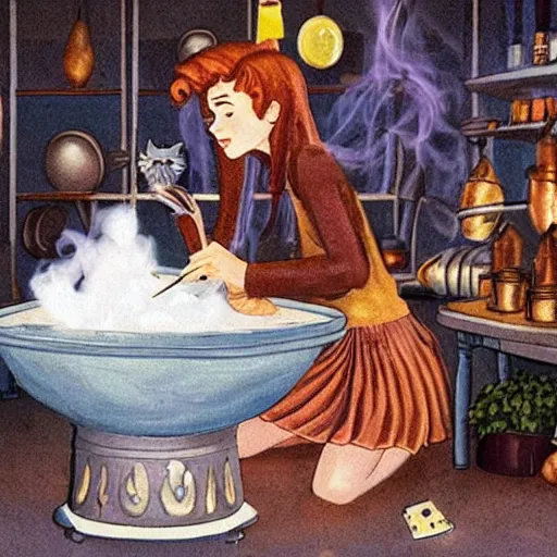 Prompt: teen witch mixing a spell in a cauldron, wispy smoke, studio lighting, a tabby cat watches her work, light is coming out of the cauldron, ingredients on the table, apothecary shelves in the background, still from the tv show just add magic