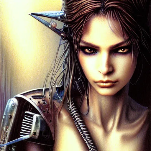 Prompt: an award finning closeup facial portrait by luis royo and john howe of a very beautiful and attractive female bohemian cyberpunk traveller aged 1 9 in excessively fashionable cyberpunk gear
