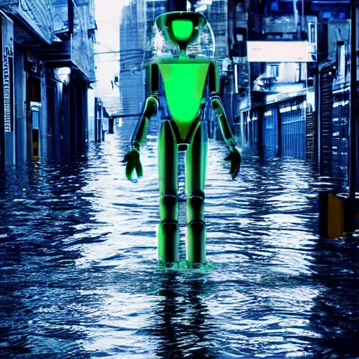 Prompt: a humanoid robot wearing a torn transparent plastic cloak walking the flooded streets of an abandoned futuristic city with neon signs,