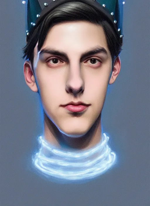 Image similar to portrait of teenage jughead jones wearing a light grey crown, crown, blue turtleneck, closed eyes, photorealistic, black hair, glowing lighting, intricate, elegant, glowing lights, highly detailed, digital painting, artstation, concept art, smooth, sharp focus, illustration, art by wlop, mars ravelo and greg rutkowski