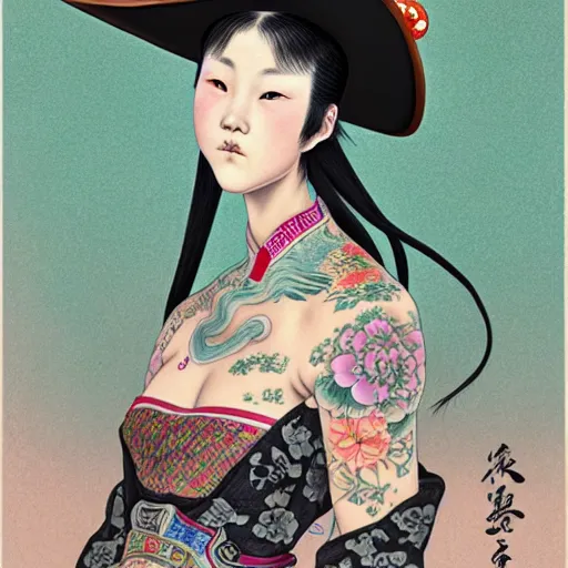 Prompt: full view of a girl from the qing dynasty with tattoos, wearing an american cowboy hat from the old west, style of yoshii chie and hikari shimoda and martine johanna, highly detailed